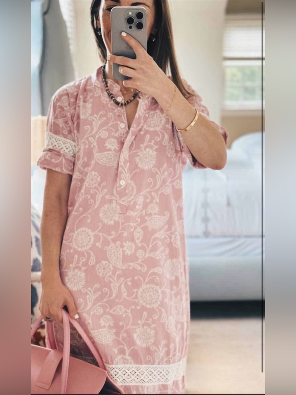 Julia Amory Pink and White Majorelle Caftan Paisley Maxi Dress.  Sz M - Picture 2 of 12